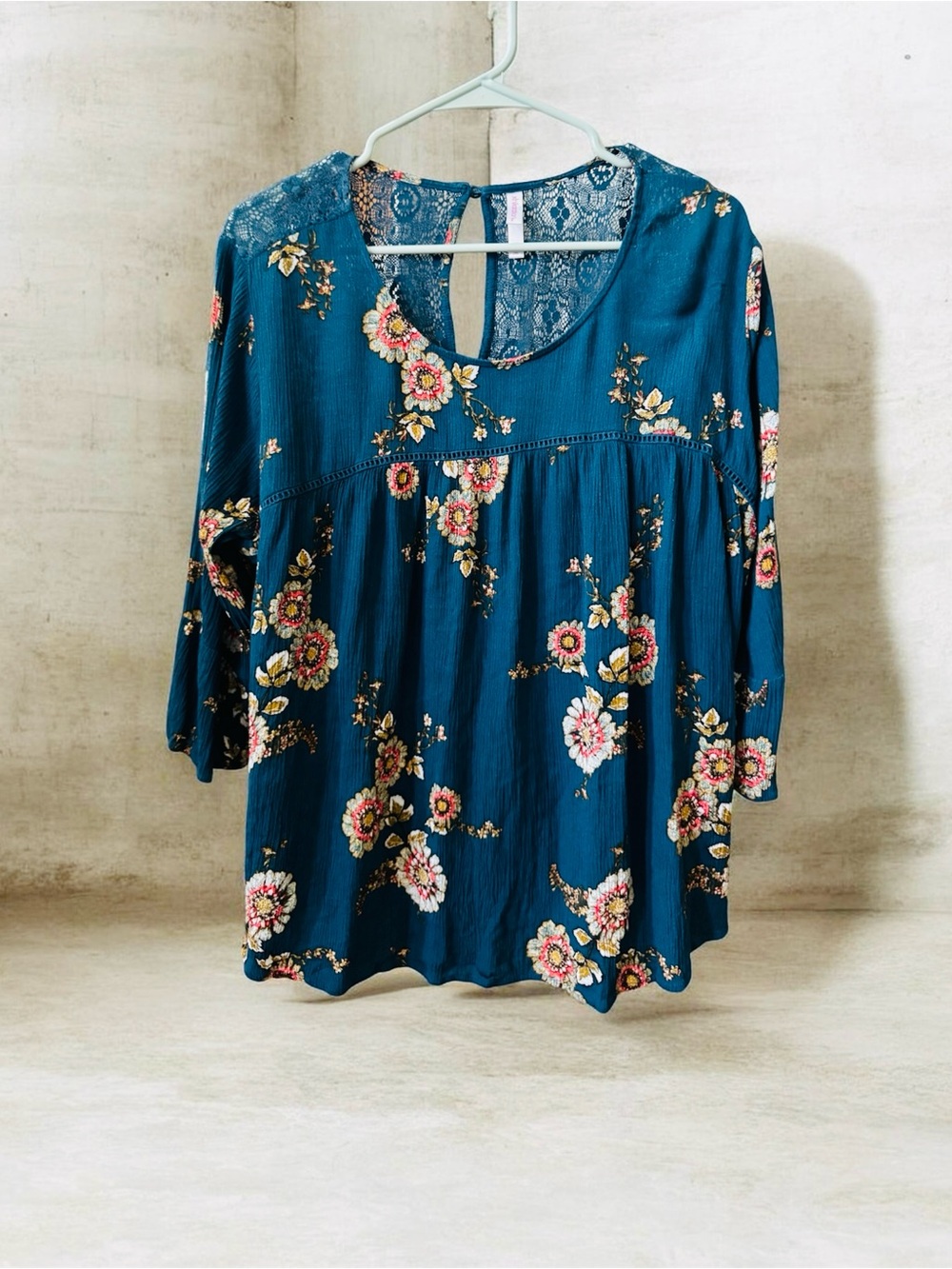 Vintage Xhilaration  Teal Floral Lace-Back Peasant Blouse